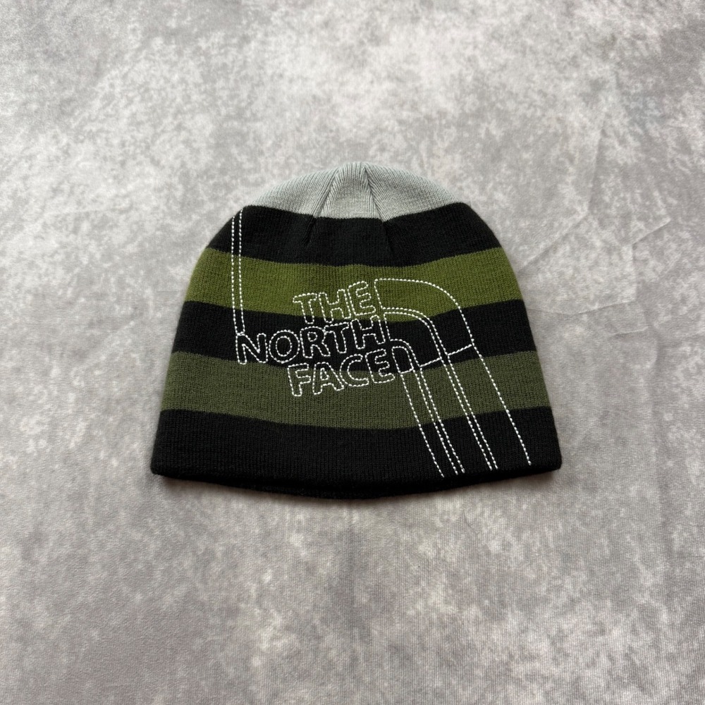 The North Face Striped Beanie Olive Green Black Embroidered Logo Knit Hat